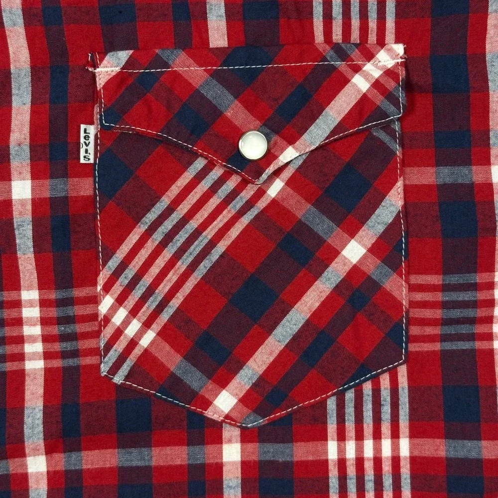 Levis Western Pearl Snap Shirt Mens XXL Red Plaid Short Sleeve Rodeo Cowboy